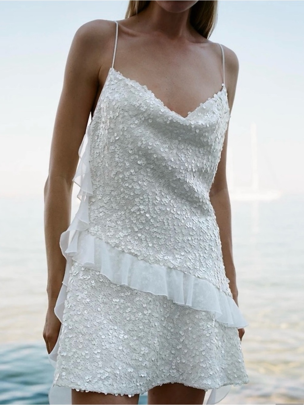 Zara White Sequin Mini Dress with Ruffle Trim